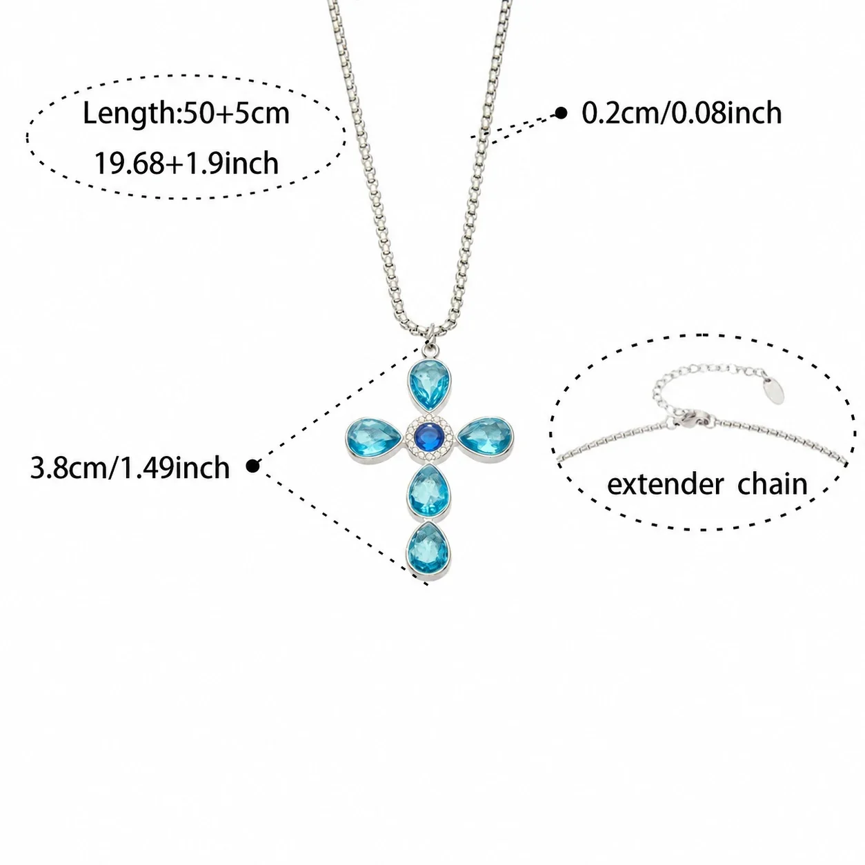 Cross Pendant Necklace with Teardrop CZ, Stainless Steel - Silver Blue CZ With