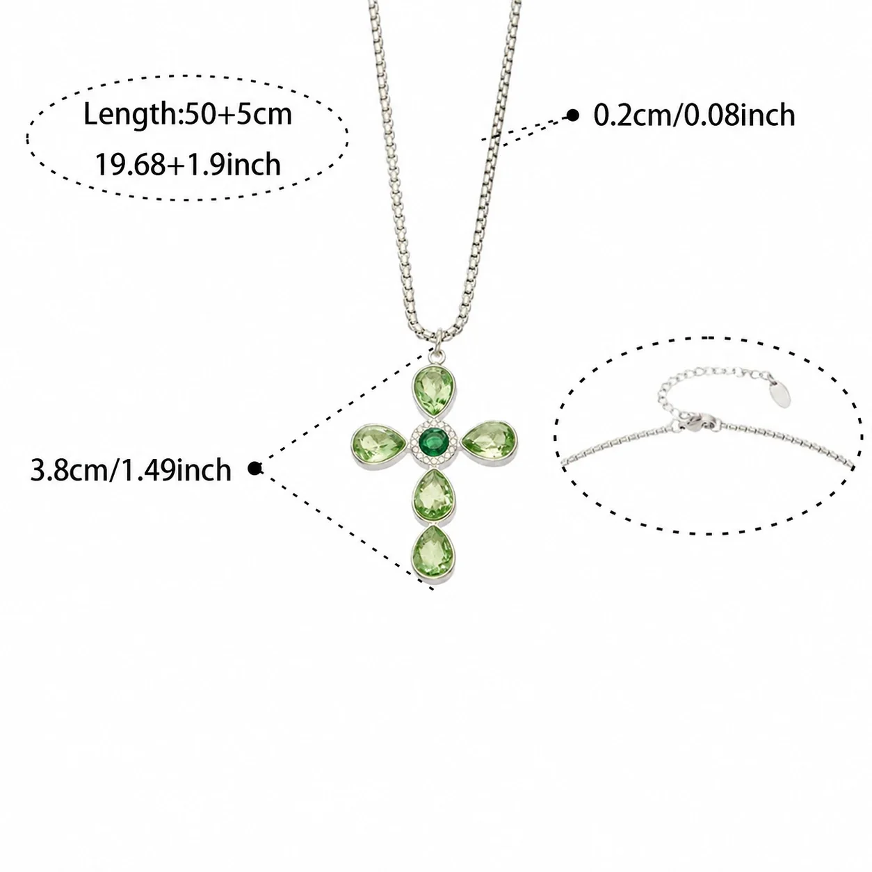 Cross Pendant Necklace with Teardrop CZ, Stainless Steel - Silver Green CZ With