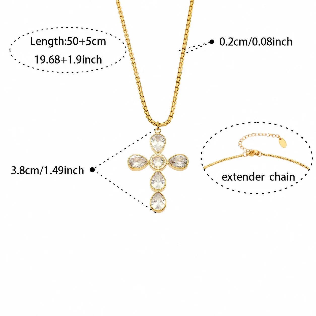 Cross Pendant Necklace with Teardrop CZ, Stainless Steel - Gold White CZ With