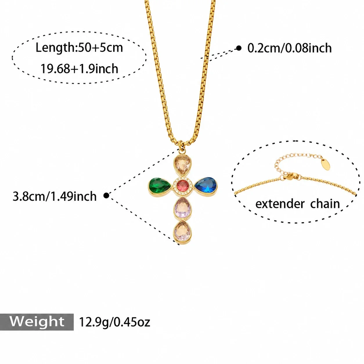 Cross Pendant Necklace with Teardrop CZ, Stainless Steel - Gold Multicolor CZ With