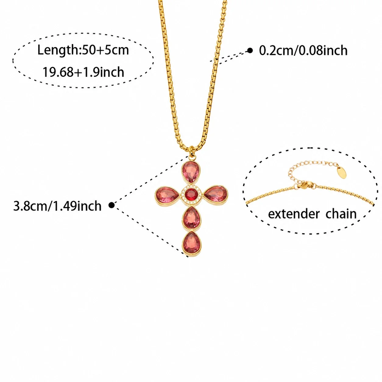 Cross Pendant Necklace with Teardrop CZ, Stainless Steel - Gold Red CZ With