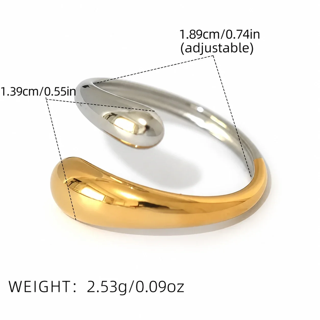 Verstelbare ring met geometrische open uiteinden, goud PVD productfoto