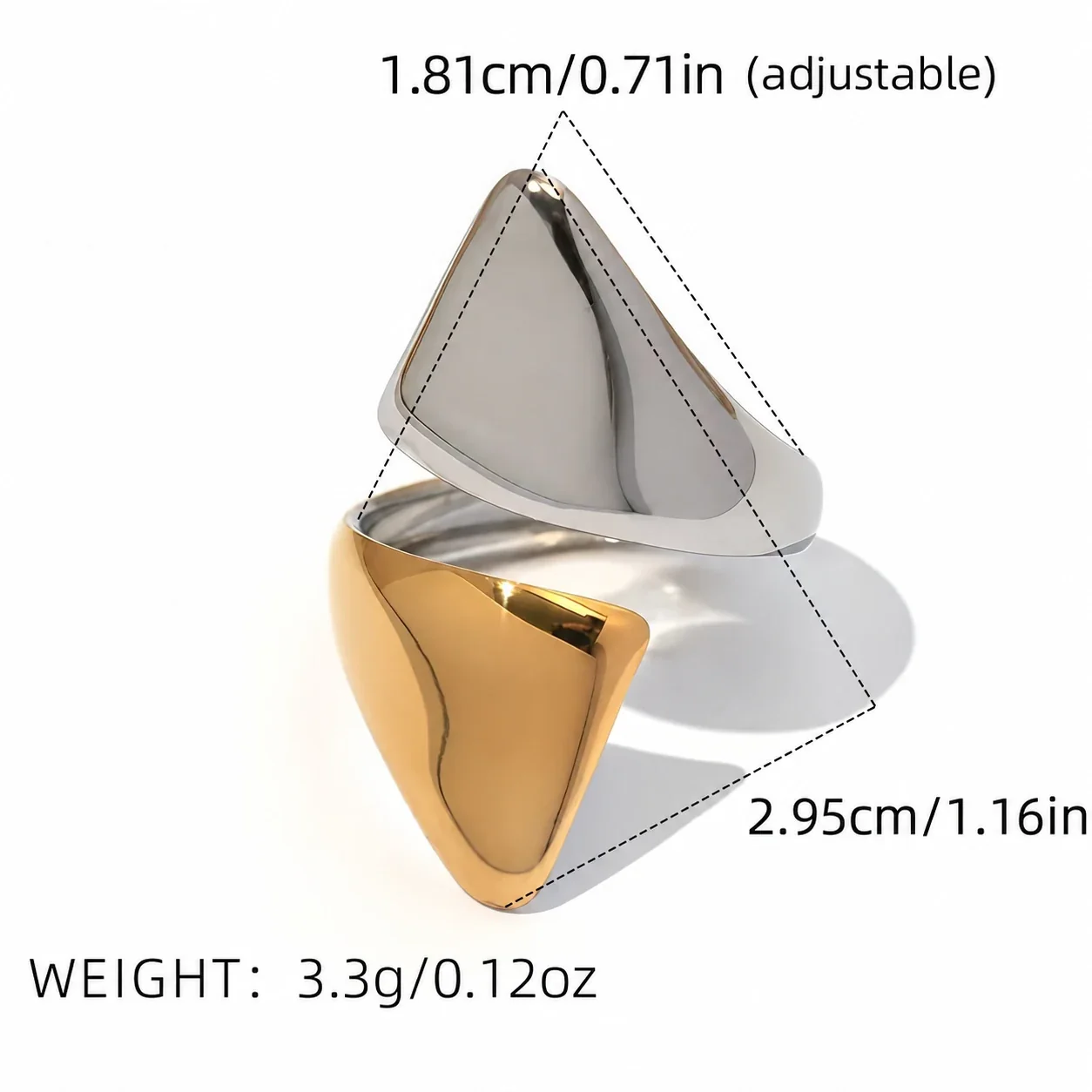 Verstelbare ring met geometrische open uiteinden, goud PVD productfoto