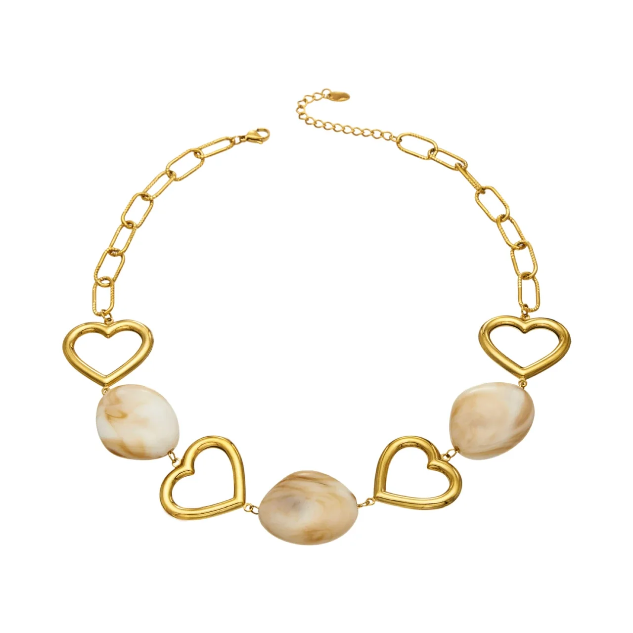 Heart Link Necklace with Resin Beads, 18K Gold-Plated Stainless Steel