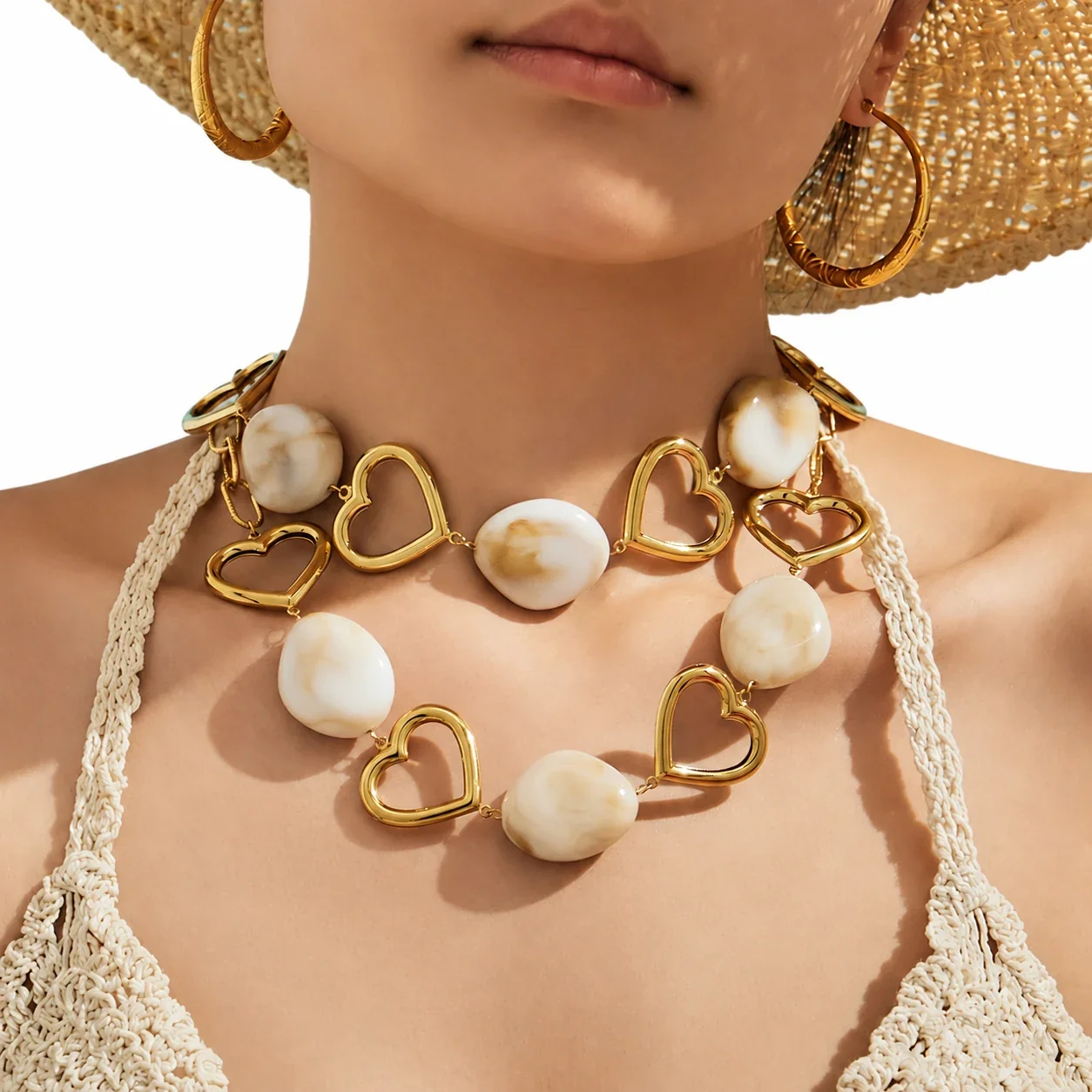 Heart Link Necklace with Resin Beads, 18K Gold-Plated Stainless Steel