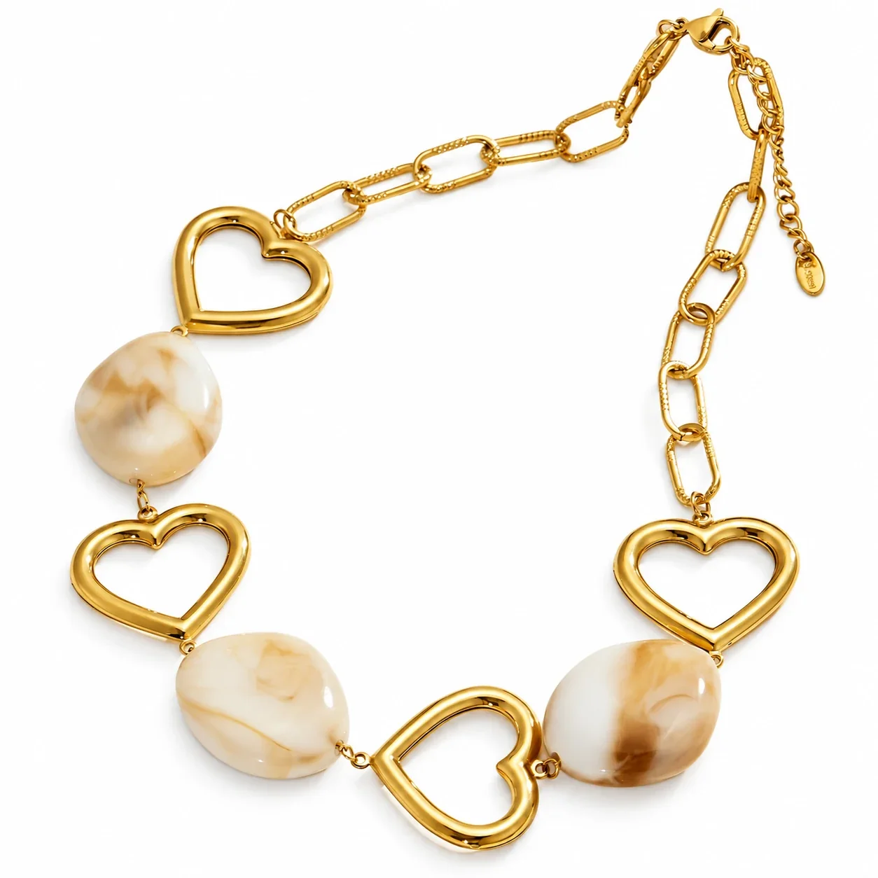 Heart Link Necklace with Resin Beads, 18K Gold-Plated Stainless Steel