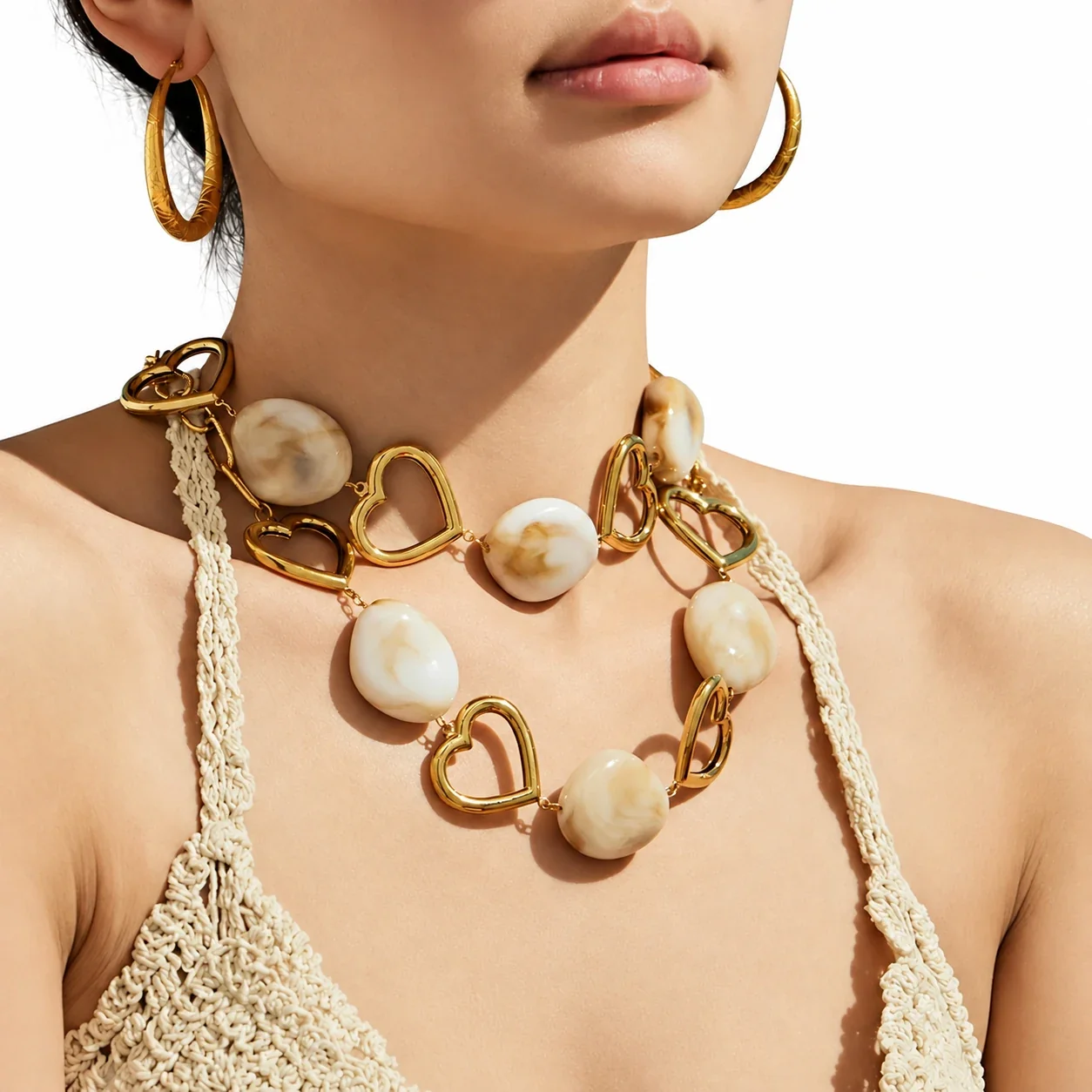 Heart Link Necklace with Resin Beads, 18K Gold-Plated Stainless Steel