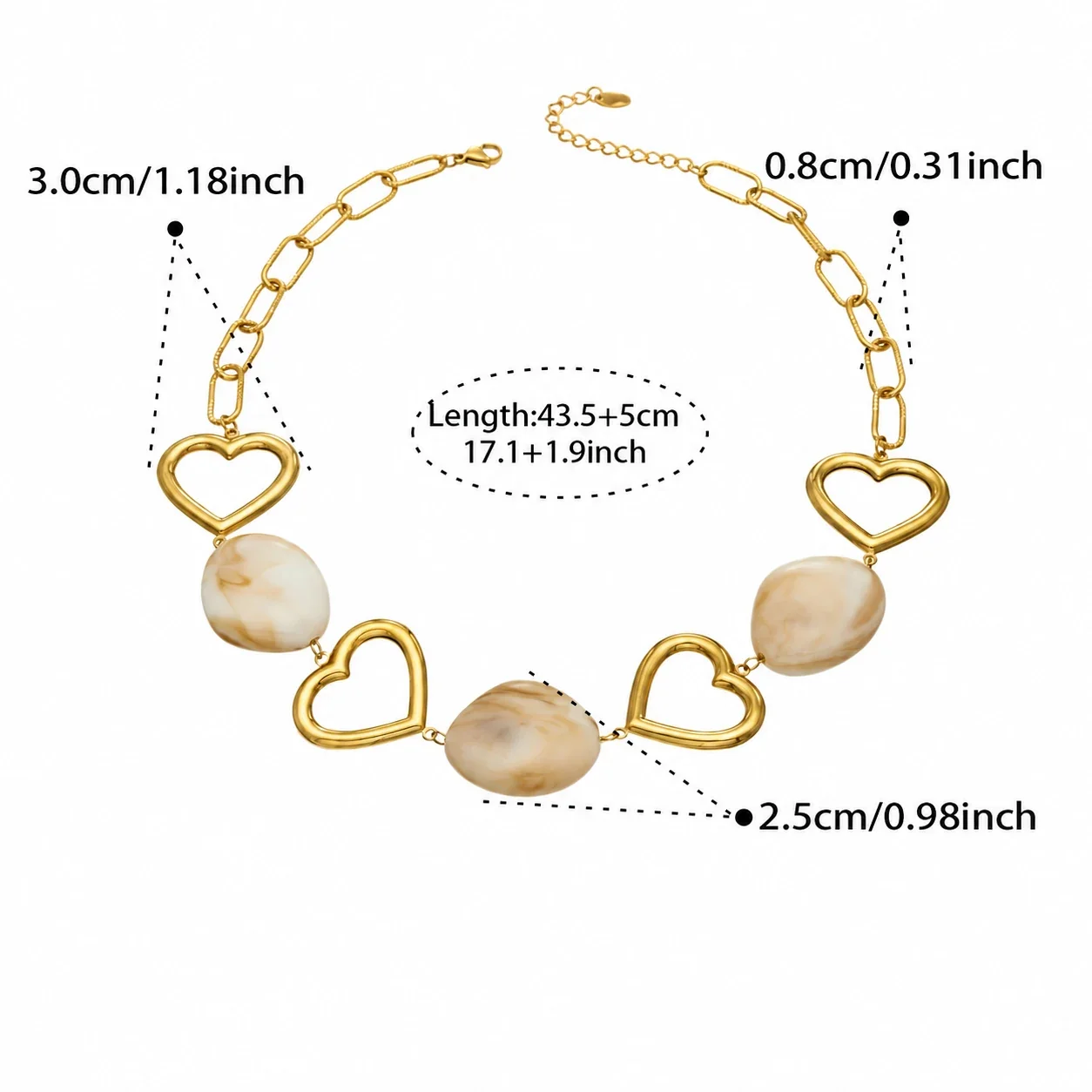 Heart Link Necklace with Resin Beads, 18K Gold-Plated Stainless Steel - Gold