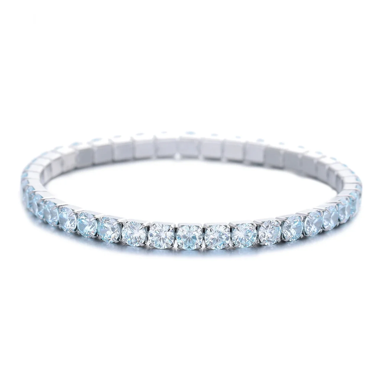 Vivid Stainless Steel Round CZ Prong-Set Tennis Bracelet - Light Aqua Blue