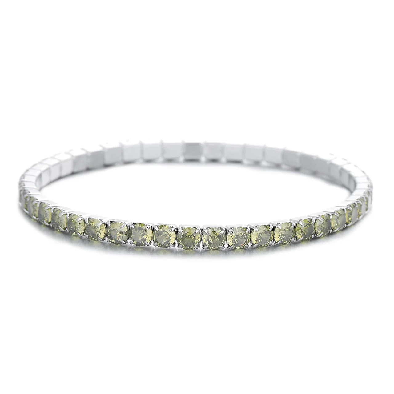 Vivid Stainless Steel Round CZ Prong-Set Tennis Bracelet - Light Olive Green