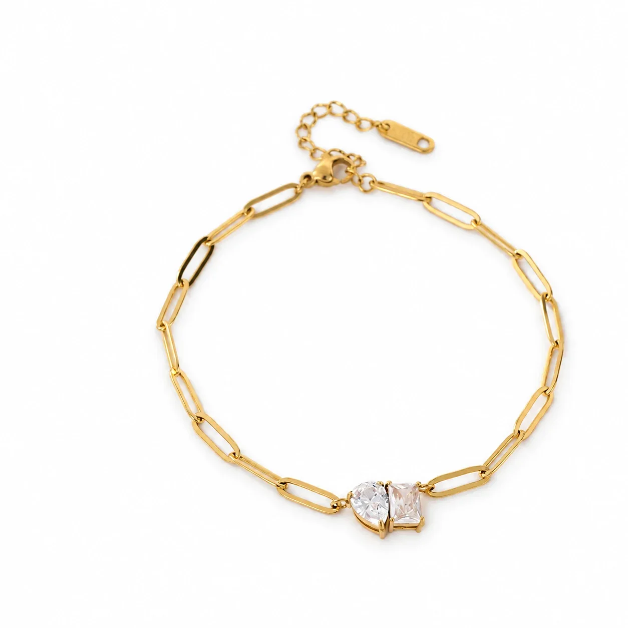 Chain Necklace with Pear and Square Crystals, Gold-Plated Steel