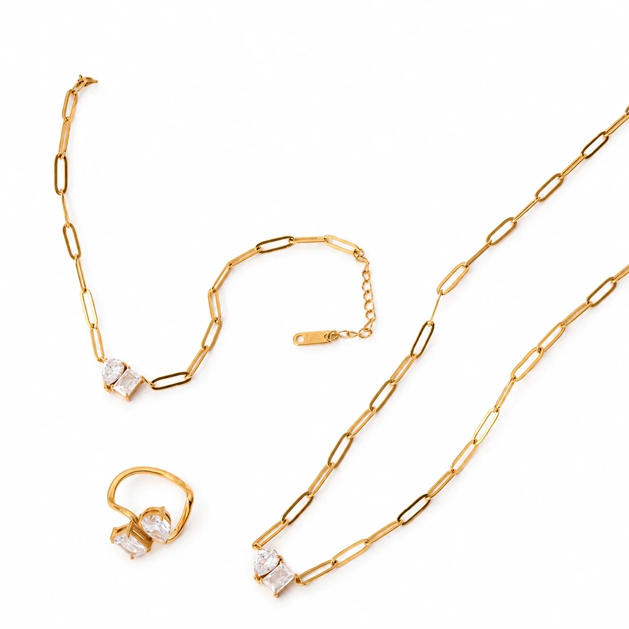 Chain Necklace with Pear and Square Crystals, Gold-Plated Steel