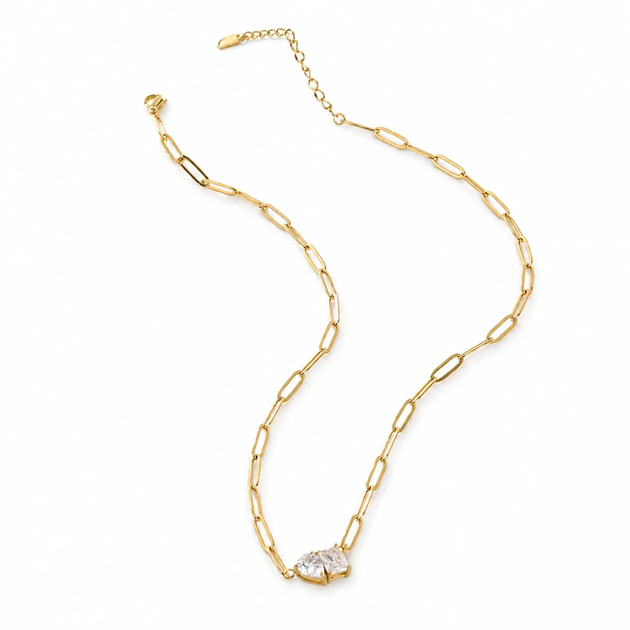 Chain Necklace with Pear and Square Crystals, Gold-Plated Steel