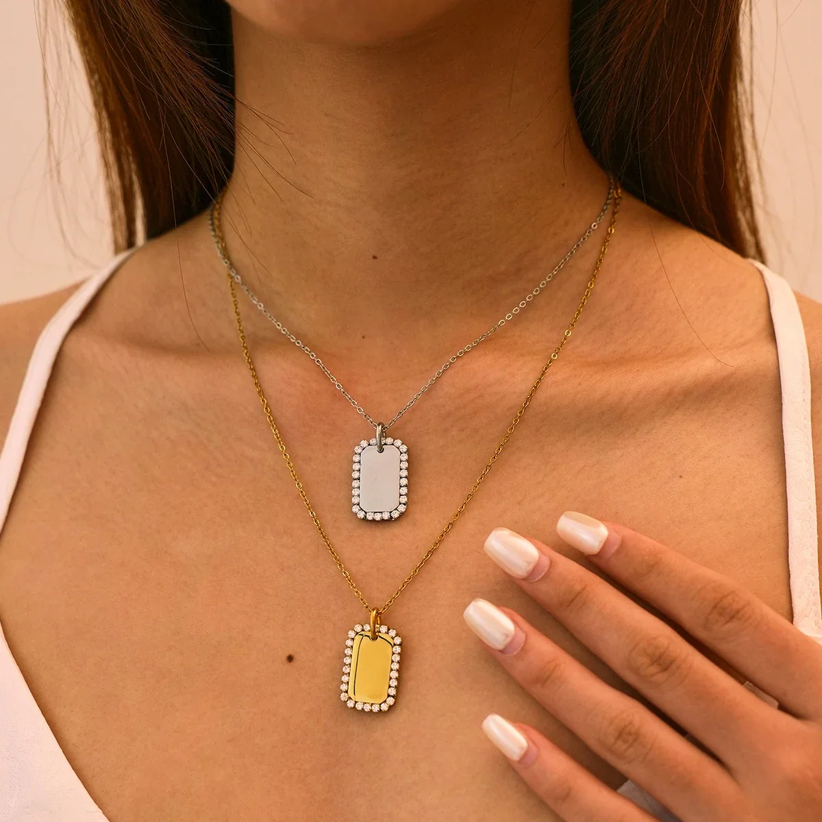 Hangerketting Crystal Halo Tag roestvrij staal goud PVD productfoto