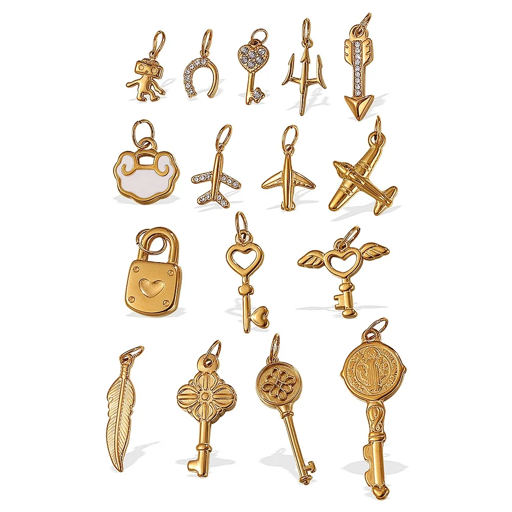 Pendant Charms with Heart, Key & Airplane Gold-Plated