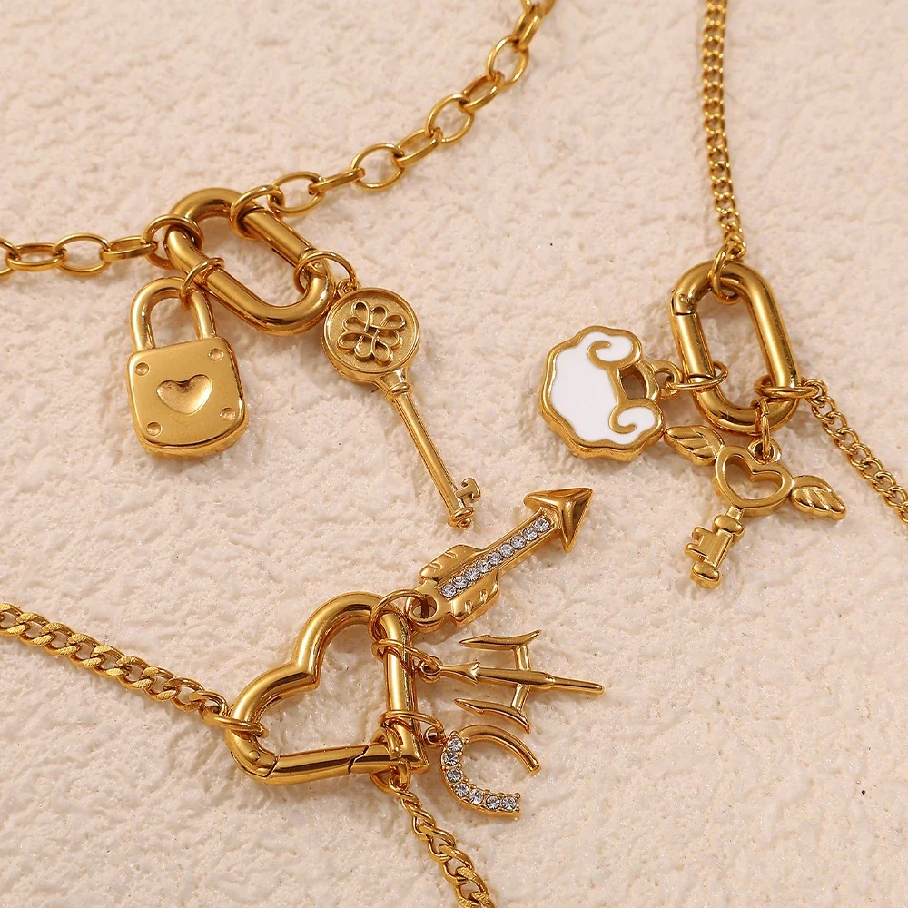 Pendant Charms with Heart, Key & Airplane Gold-Plated