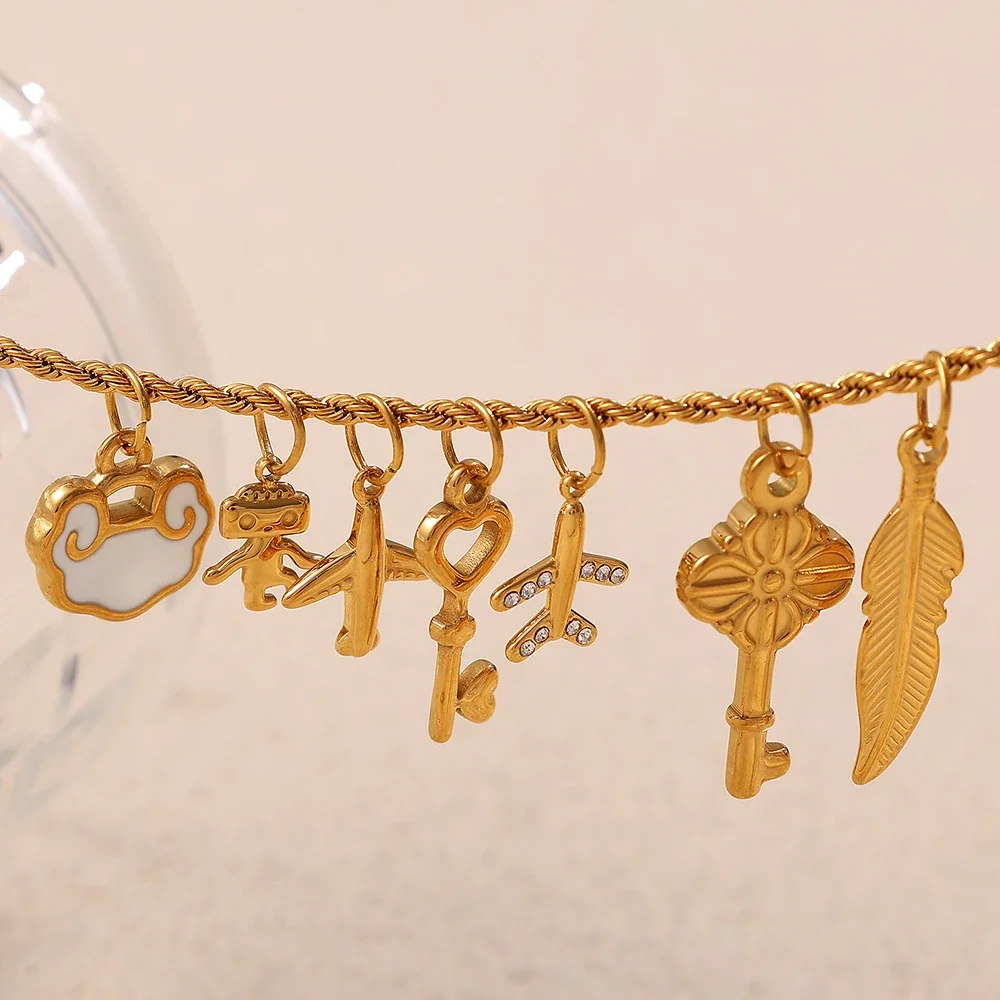Pendant Charms with Heart, Key & Airplane Gold-Plated