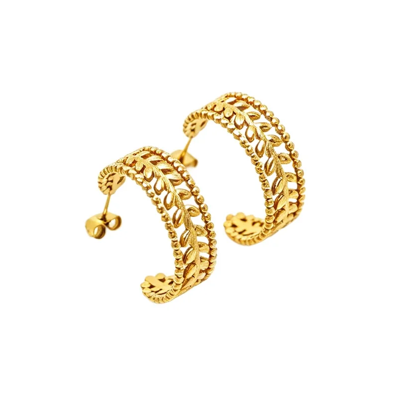 Ornate 18K Gold-Plated Leaf Bead Open Hoop Earrings