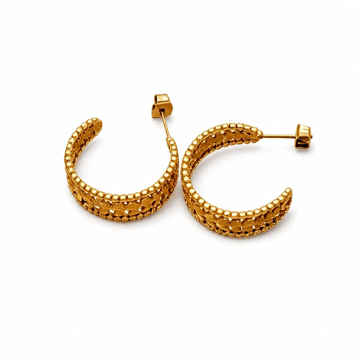 Ornate 18K Gold-Plated Leaf Bead Open Hoop Earrings
