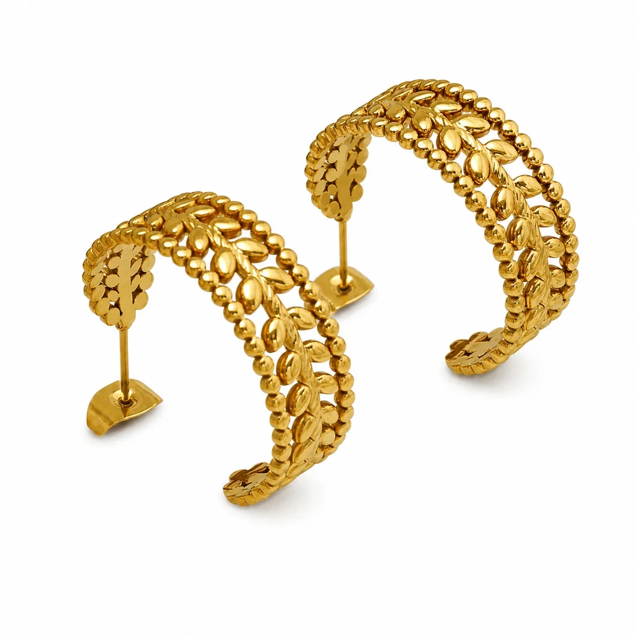 Ornate 18K Gold-Plated Leaf Bead Open Hoop Earrings