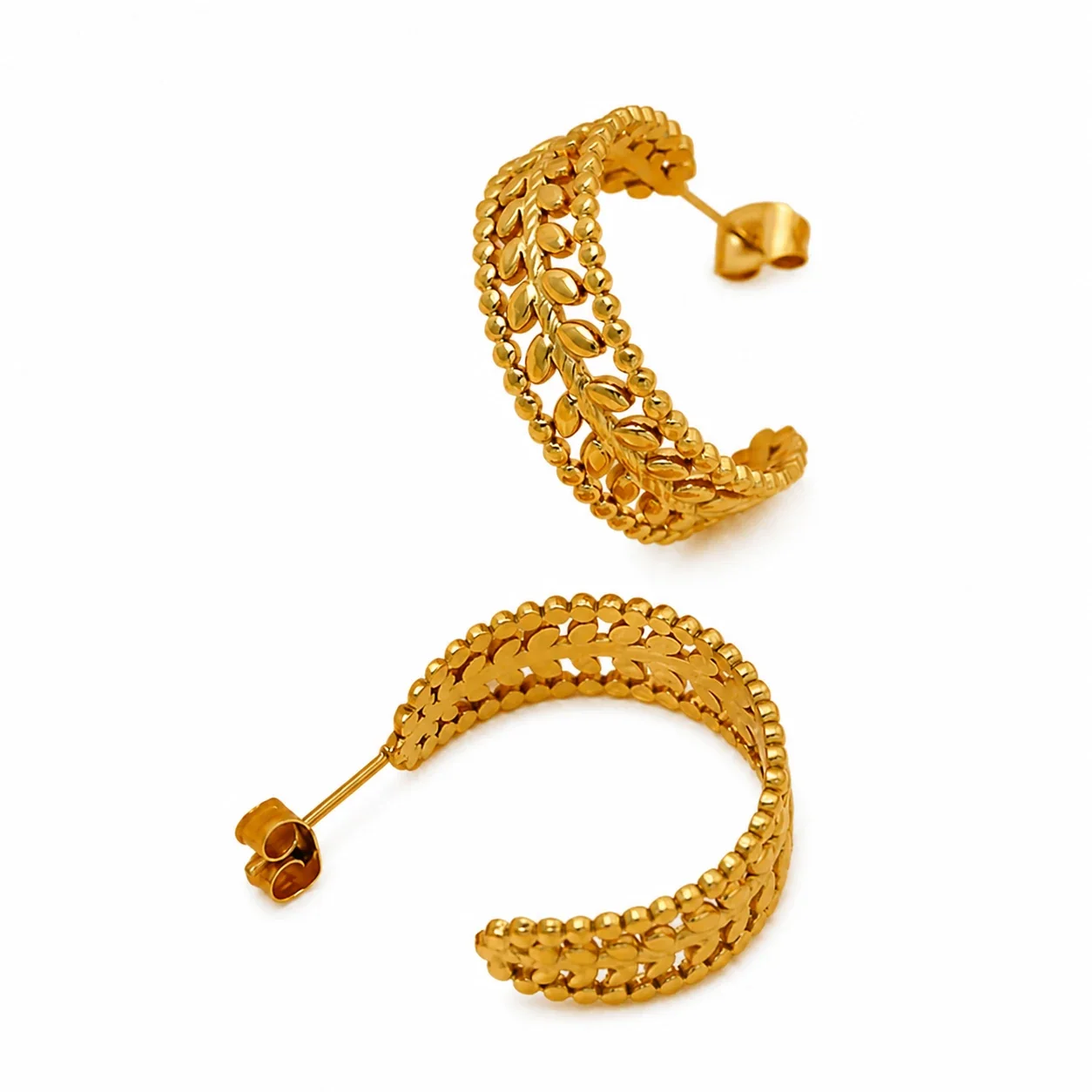 Ornate 18K Gold-Plated Leaf Bead Open Hoop Earrings