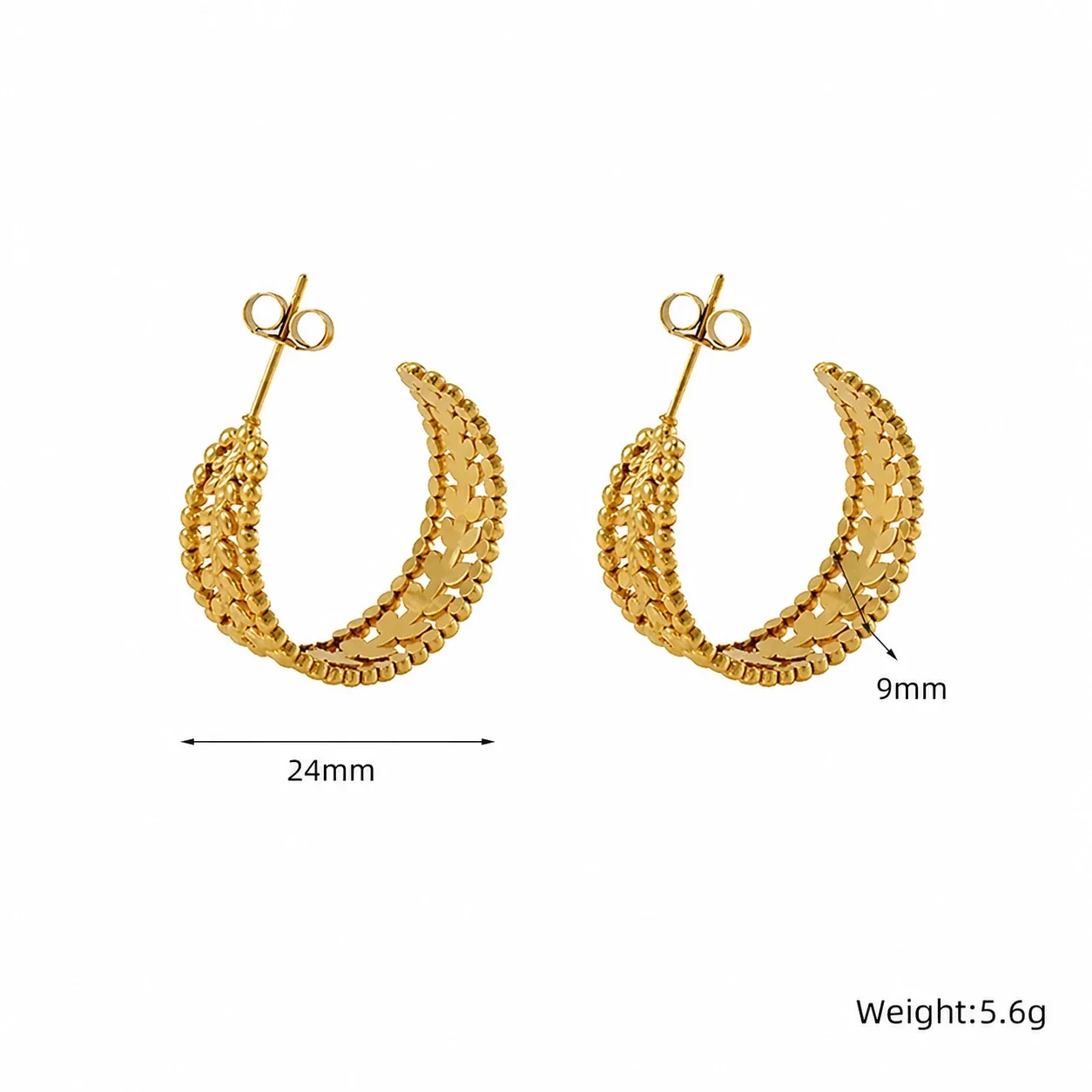 Ornate 18K Gold-Plated Leaf Bead Open Hoop Earrings - Gold