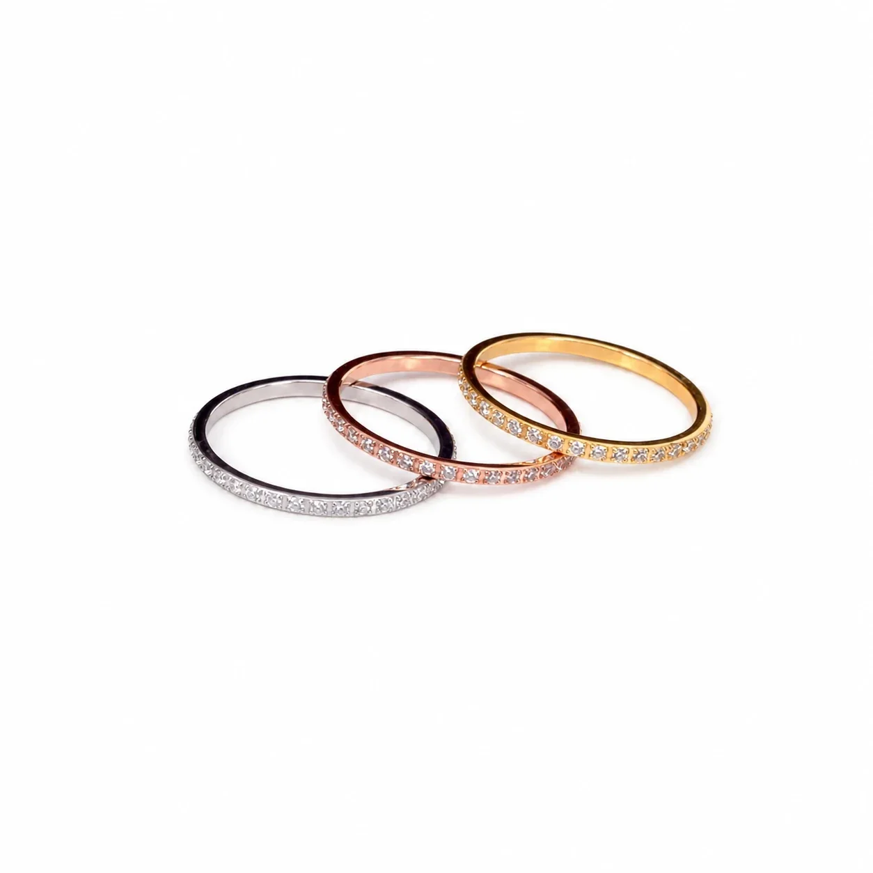 Polished Stainless Steel Pavé Crystal Slim Band Ring