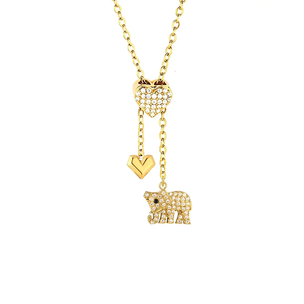 Playful 316 Stainless Steel Pavé Charm Necklace - Gold Elephant