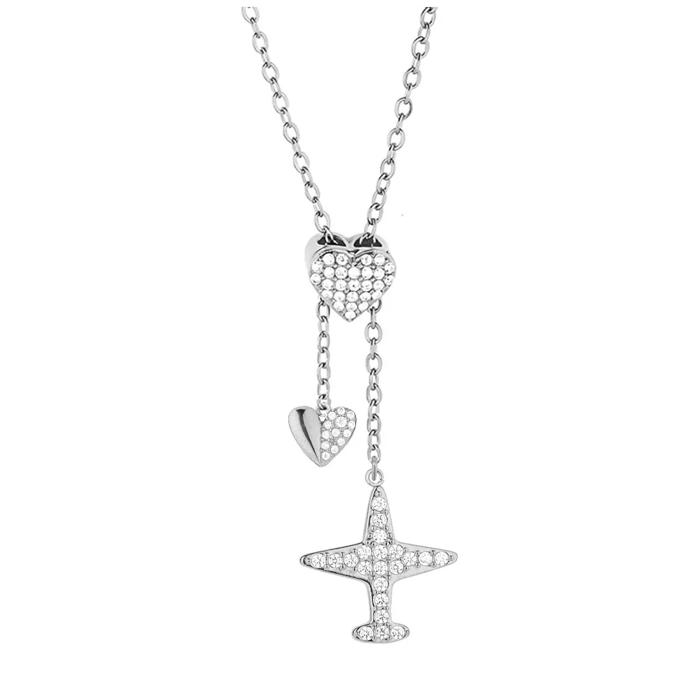 Playful 316 Stainless Steel Pavé Charm Necklace - Silver Airplane