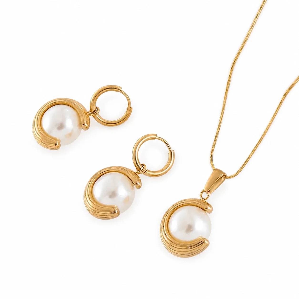 Sculptural Gold-Plated Pearl Crescent Pendant Necklace