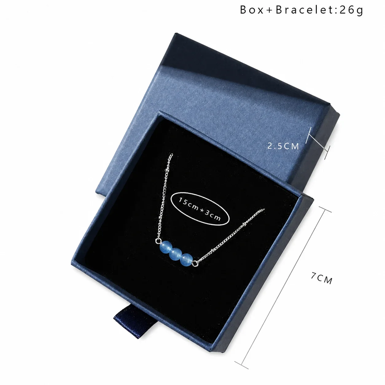 Delicate Silver-Plated Stainless Steel Bead Cable Bracelet - Silver Aquamarine Boxed