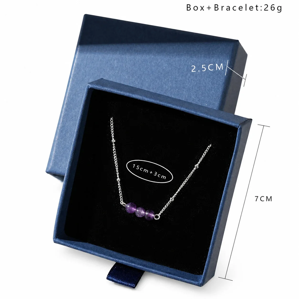 Delicate Silver-Plated Stainless Steel Bead Cable Bracelet - Silver Amethyst Boxed