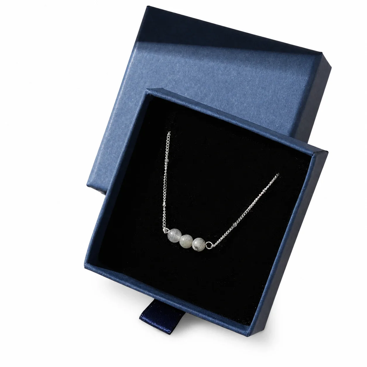 Delicate Silver-Plated Stainless Steel Bead Cable Bracelet - Silver Labradorite Boxed