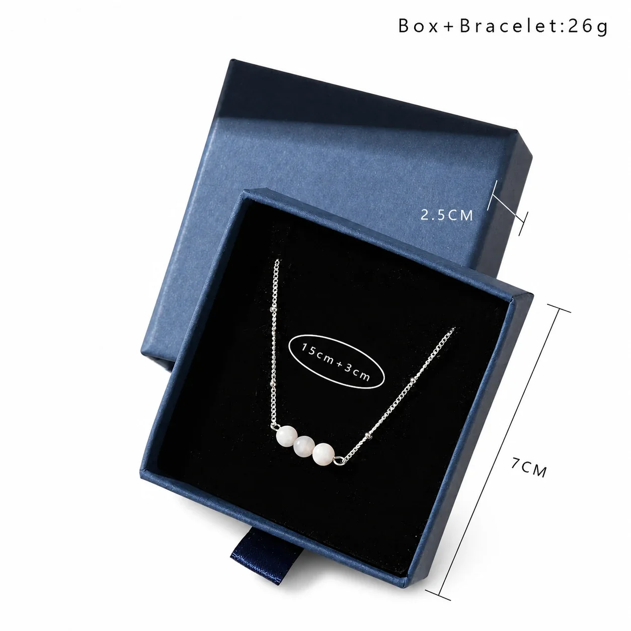 Delicate Silver-Plated Stainless Steel Bead Cable Bracelet - Silver Moonstone Boxed