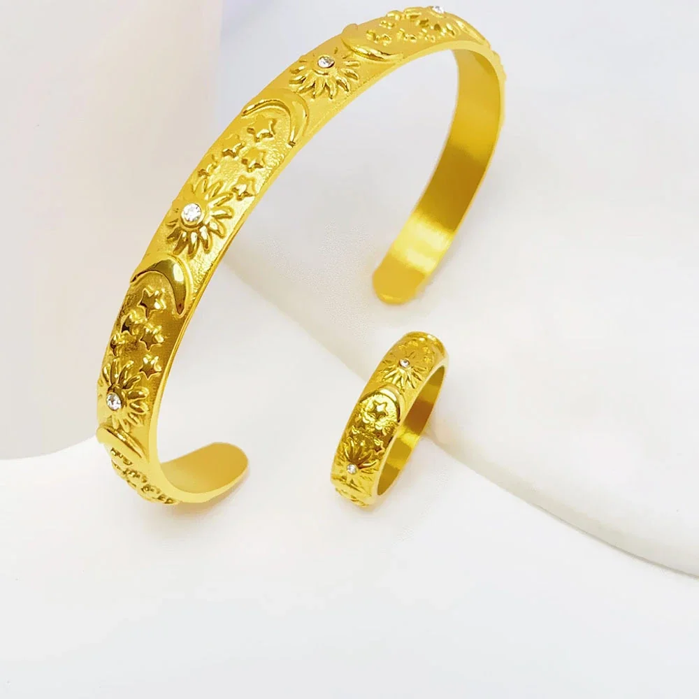 Ring & Bangle Set with Sun Moon Relief, Plated Stainless Steel