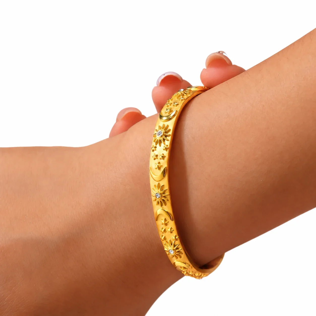 Ring & Bangle Set with Sun Moon Relief, Plated Stainless Steel