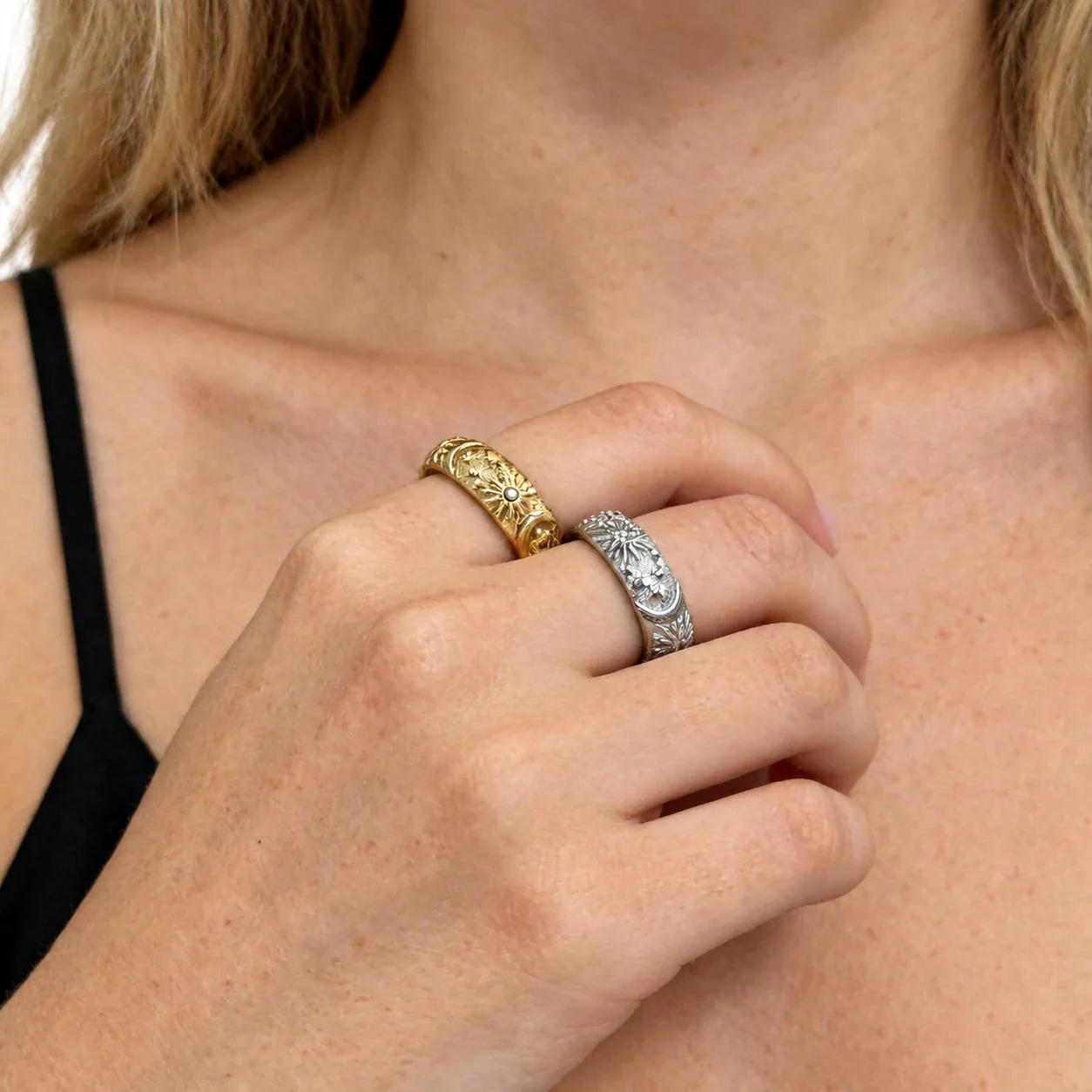 Ring & Bangle Set with Sun Moon Relief, Plated Stainless Steel