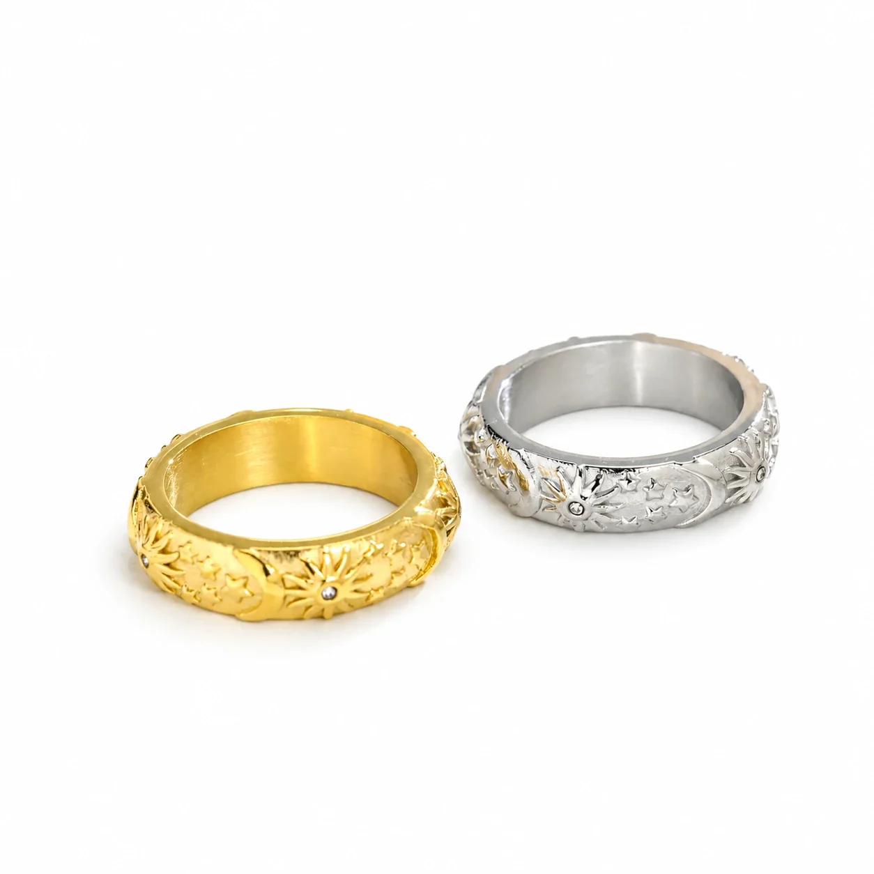 Ring & Bangle Set with Sun Moon Relief, Plated Stainless Steel