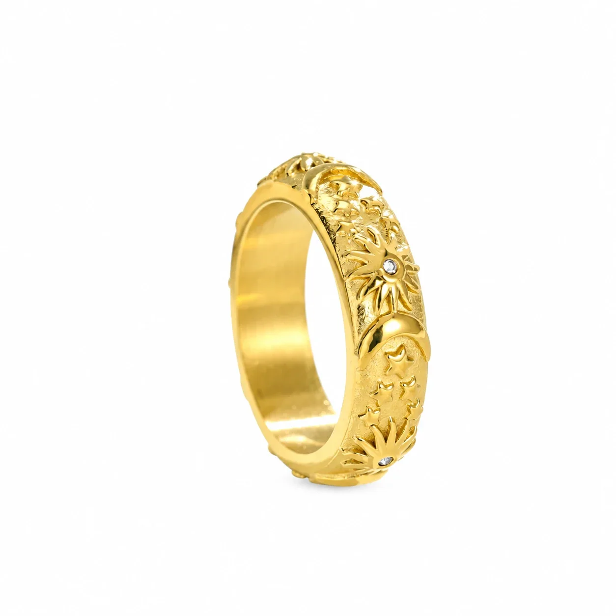 Ring & Bangle Set with Sun Moon Relief, Plated Stainless Steel - 6