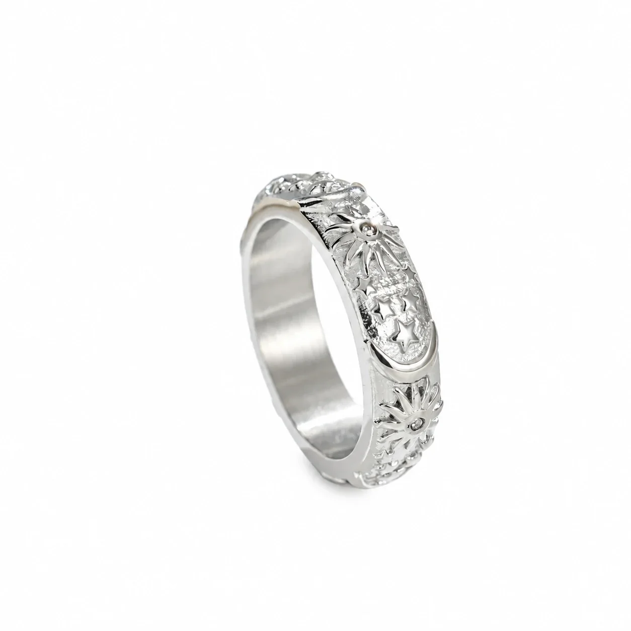 Ring & Bangle Set with Sun Moon Relief, Plated Stainless Steel - Silver