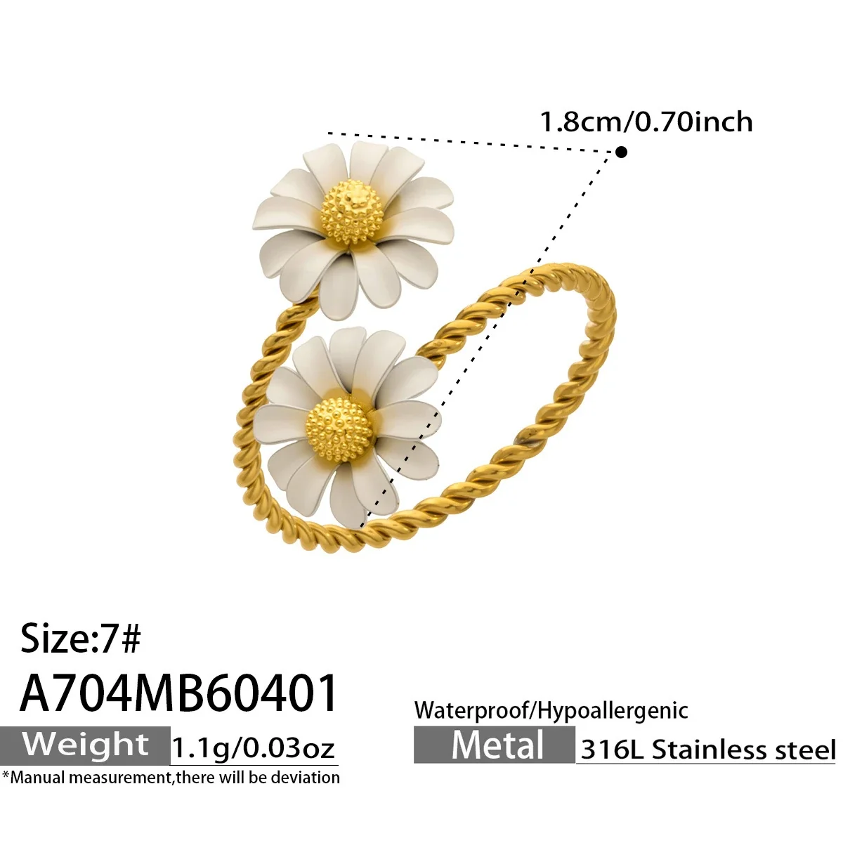 Romantic 316 Stainless Steel Daisy CZ Open Ring - Silver Daisy