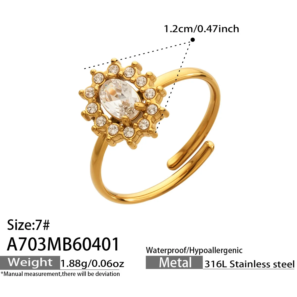 Romantic 316 Stainless Steel Daisy CZ Open Ring - Gold White CZ