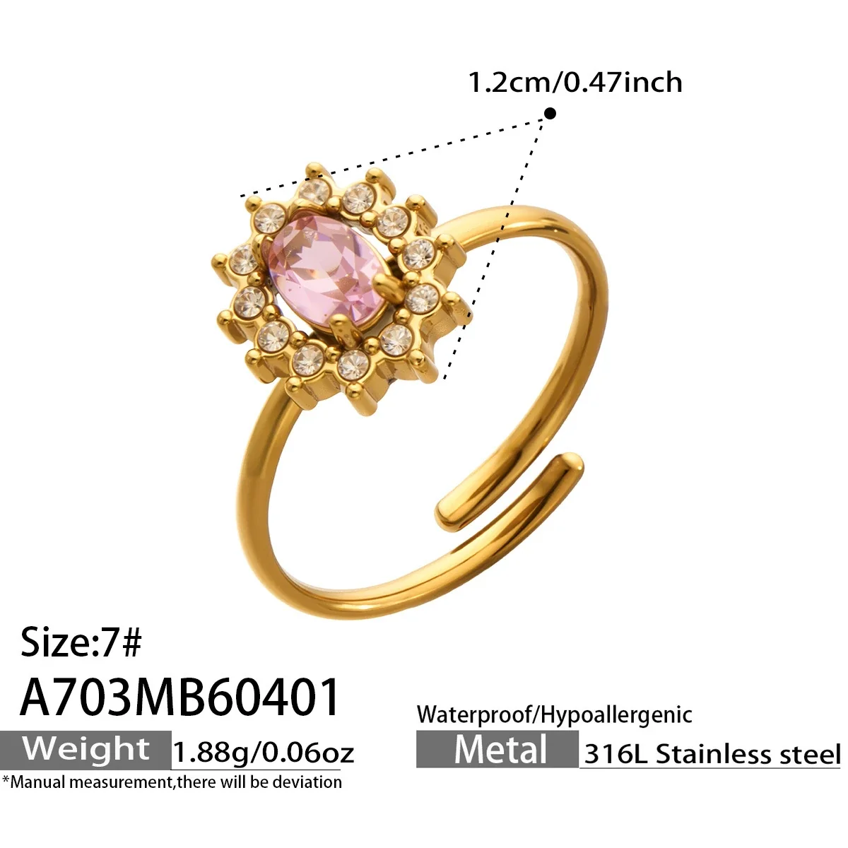 Romantic 316 Stainless Steel Daisy CZ Open Ring - Gold Pink CZ