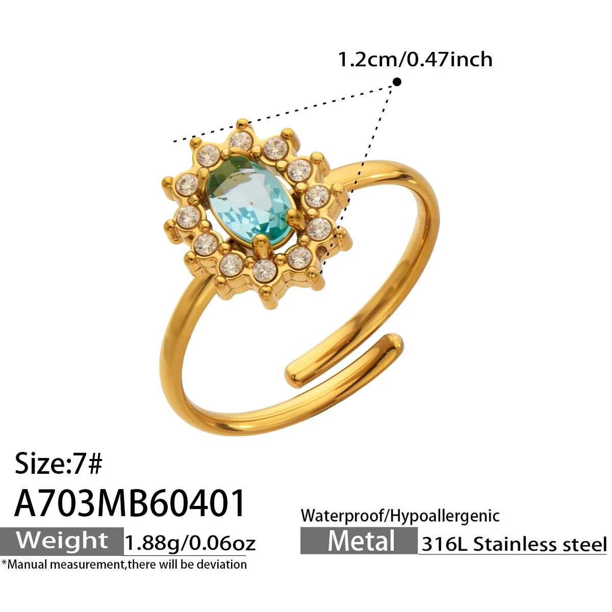Romantic 316 Stainless Steel Daisy CZ Open Ring - Gold Blue CZ