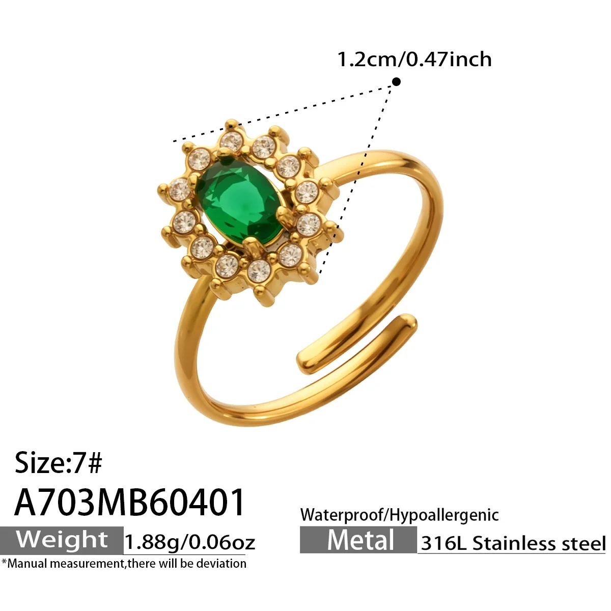 Romantic 316 Stainless Steel Daisy CZ Open Ring - Gold Green CZ