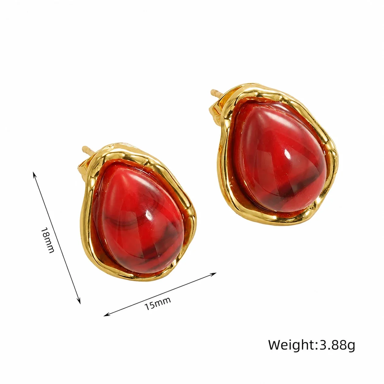 Sculptural Gold-Plated Teardrop Bezel Stud Earrings - Red