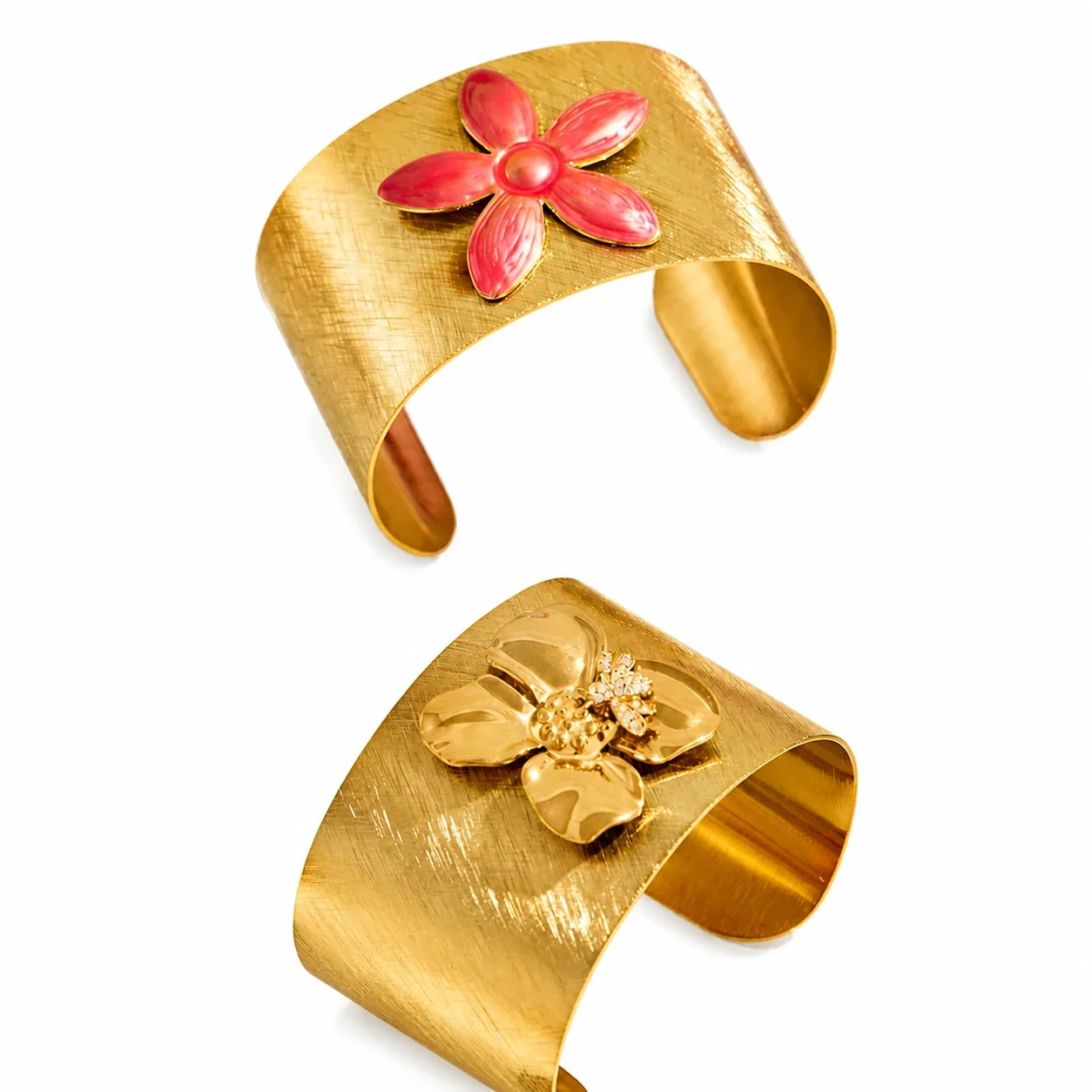 Brushed 18K Gold-Plated 316L Flower Bee Wide Cuff