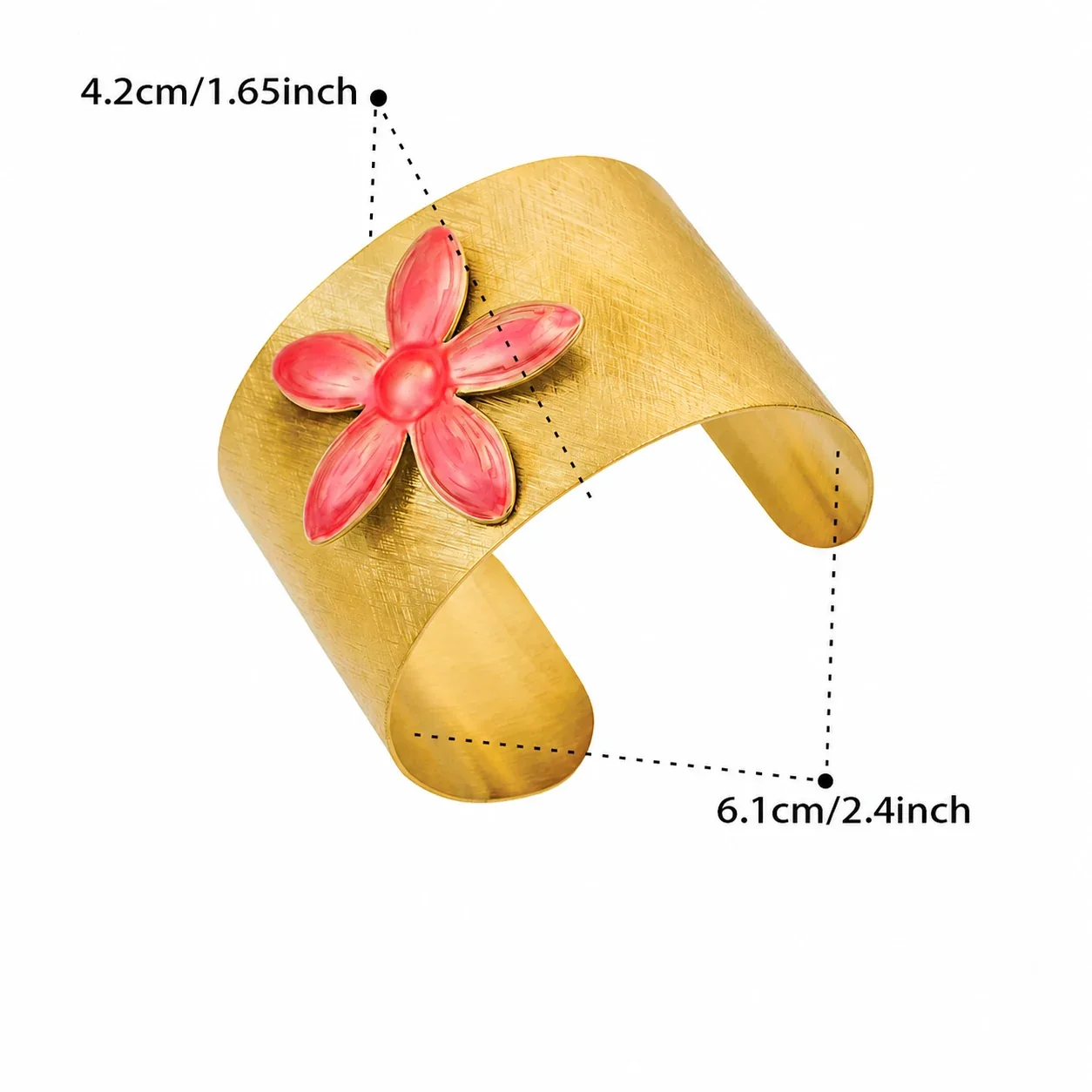 Brushed 18K Gold-Plated 316L Flower Bee Wide Cuff - Gold Pink Flower
