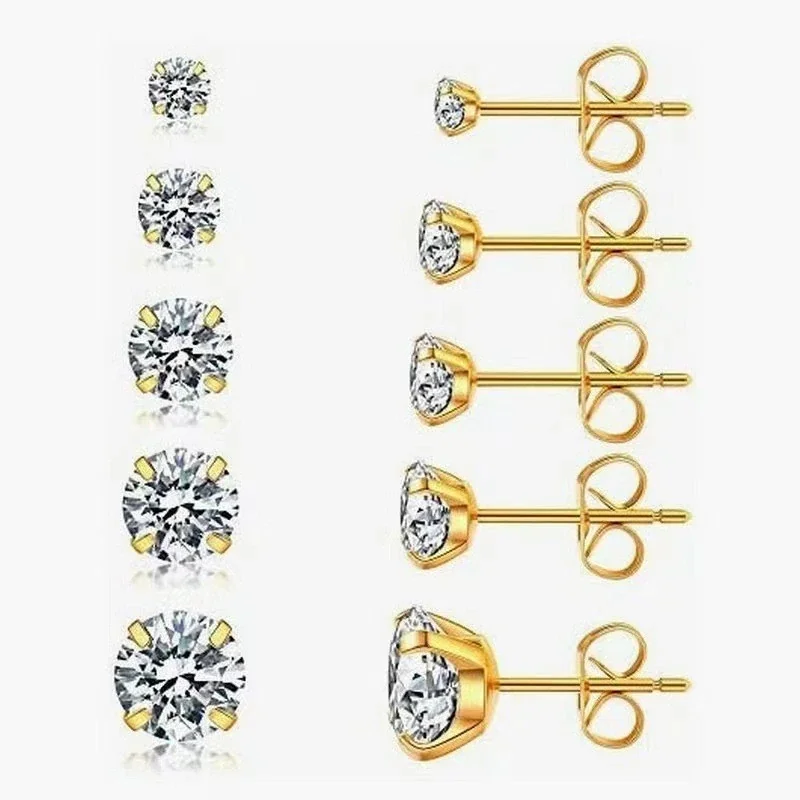 316 Stainless Steel Round CZ Four-Prong Stud Earrings