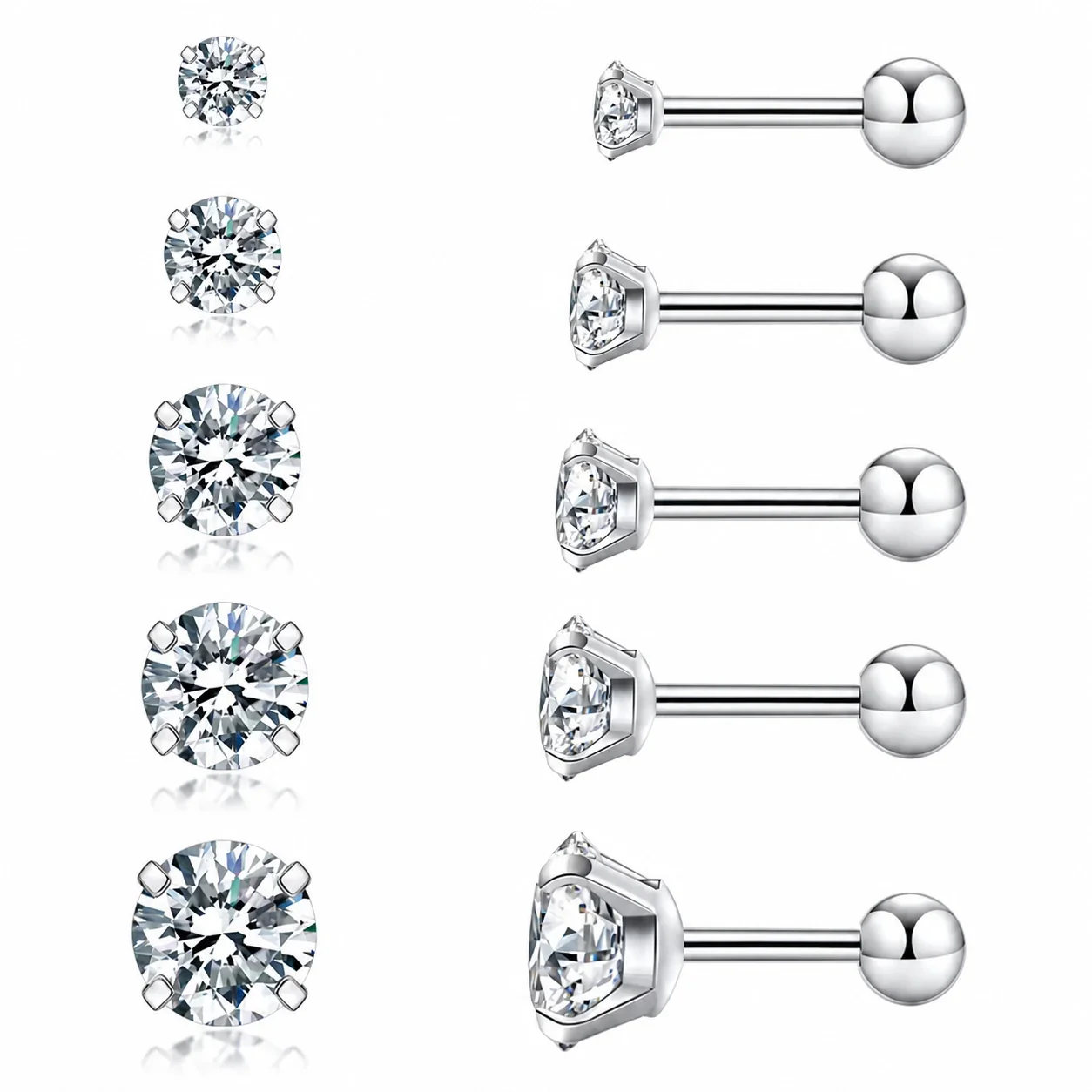 316 Stainless Steel Round CZ Four-Prong Stud Earrings